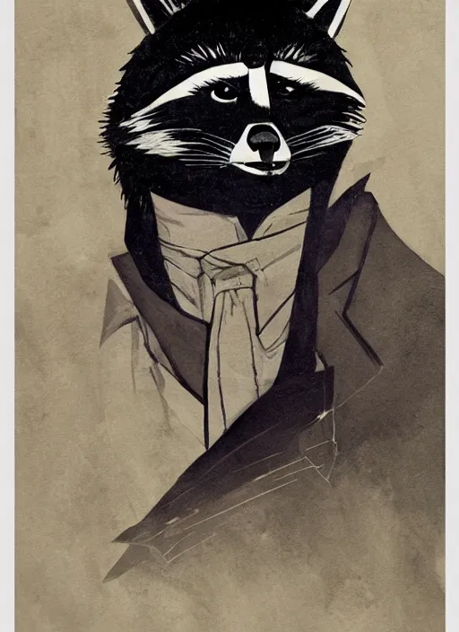 Prompt: a dramatic gouache portrait of an anthropomorphic raccoon mob boss, by posuka demizu, by stephen gammell, by victo ngai, by george ault, in the style of mafia, artstation