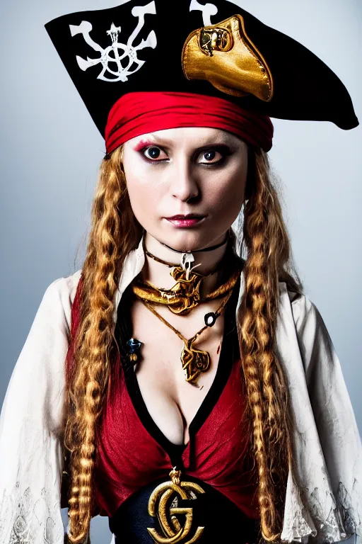 Image similar to medieval female pirate, designed by gucci, luxury materials, symmetrical, cinematic, elegant, professional studio light, real dlsr photography, sharp focus, 4 k, ultra hd, sense of awe, medieval high fashion