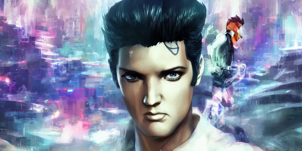 Image similar to android elvis presley, 3 d anime, arcane style, ny, high resolution, by yoshitaka amano, by ruan jia, by conrad roset, by dofus online artists, city landscape, side scrolling, rule of thirds, 4 k