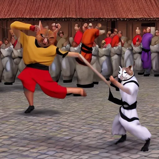 Image similar to real cats dressed as shaolin monks fighting each other, 4k, highly detailed