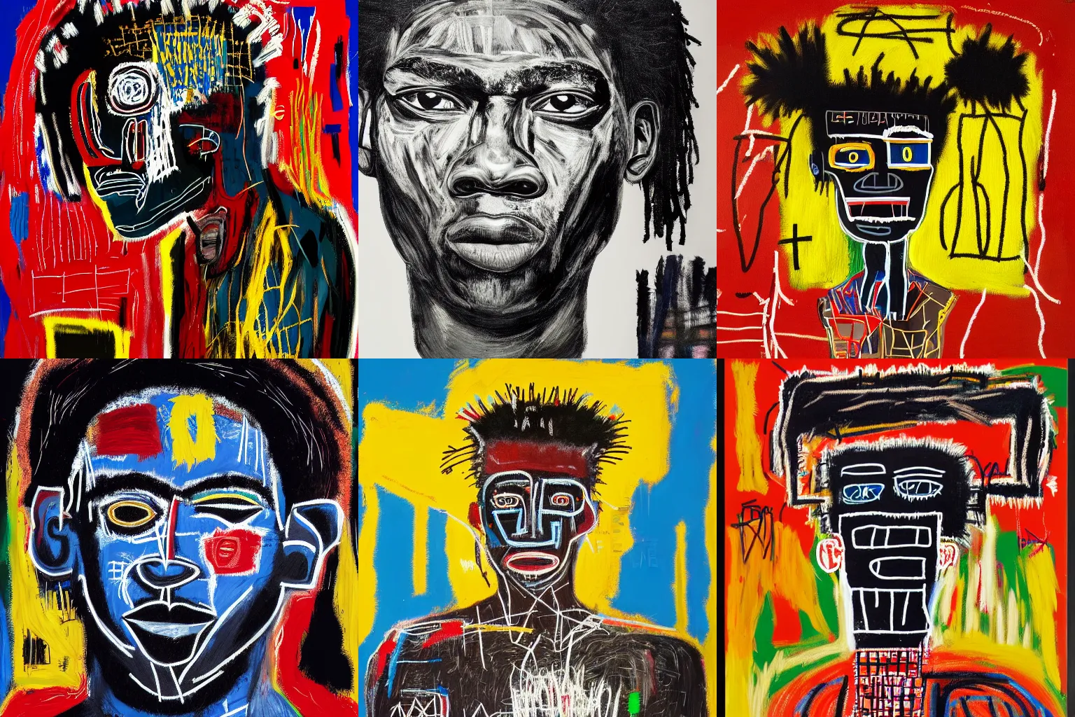 Image similar to extremely highly detailed hi-res majestic head and shoulders painting of a strong black african man by jean-michel basquiat, , 4k insanely detailed and intricate