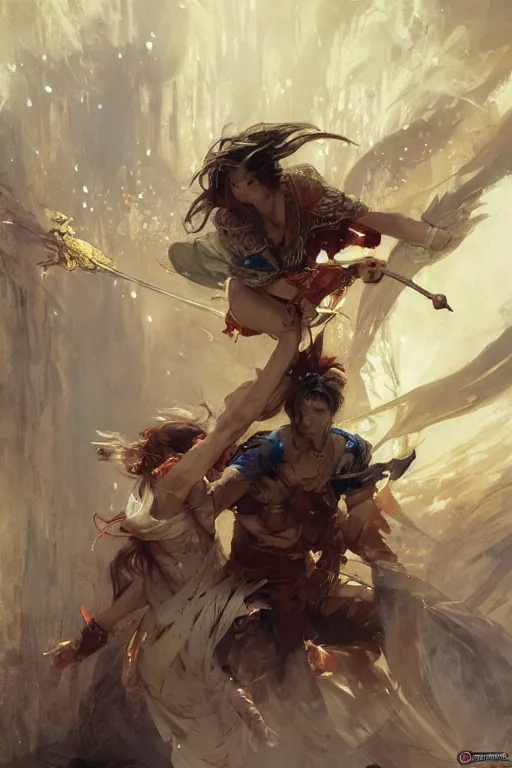 Image similar to An epic fight moment between a spirit slayer with female skilled samourai in style of by gaston bussiere, and craig mullins and greg rutkowski and alphonse mucha, awesomenes , concept art world,