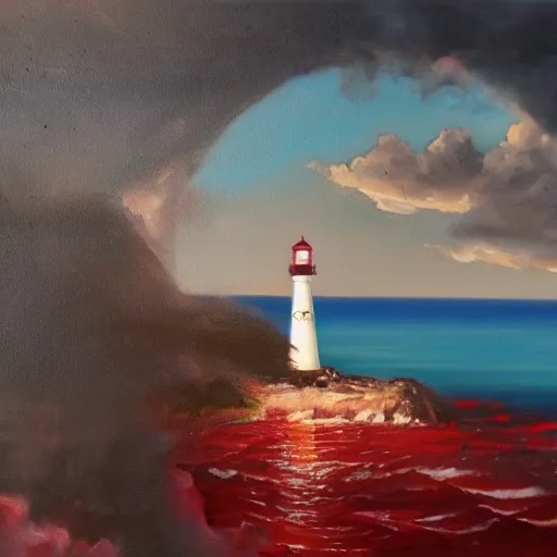 Image similar to an oil painting of a lighthouse overlooking an ocean made of blood, epic