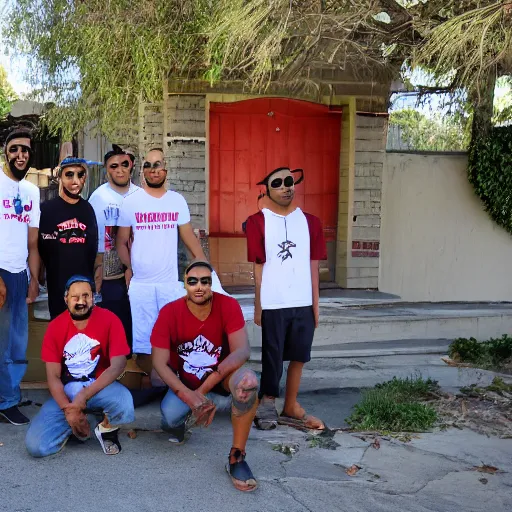 Image similar to Bloods gang posing in front of old house on Los Angeles street, two red lowrider beside