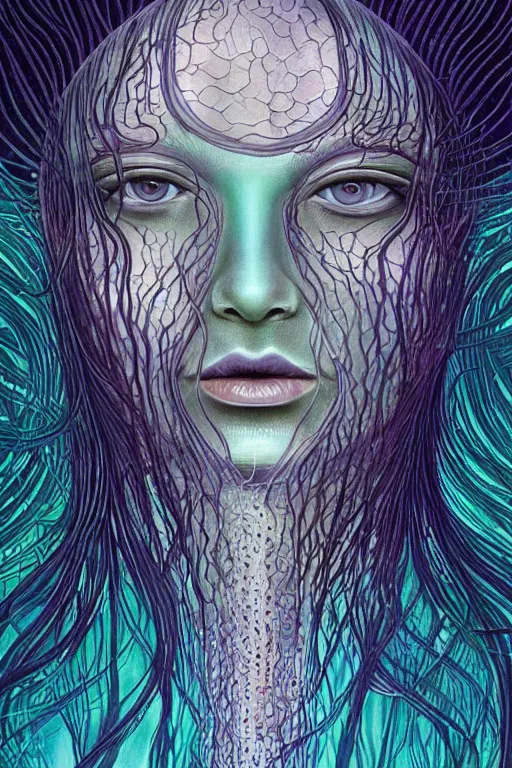 Image similar to dark underwater portrait of a Bioluminescent woman, with reaction diffusion semi-transparent skin. face closeup. long intricate dark hair, with jellyfish. very high detail, illustration, by alex grey