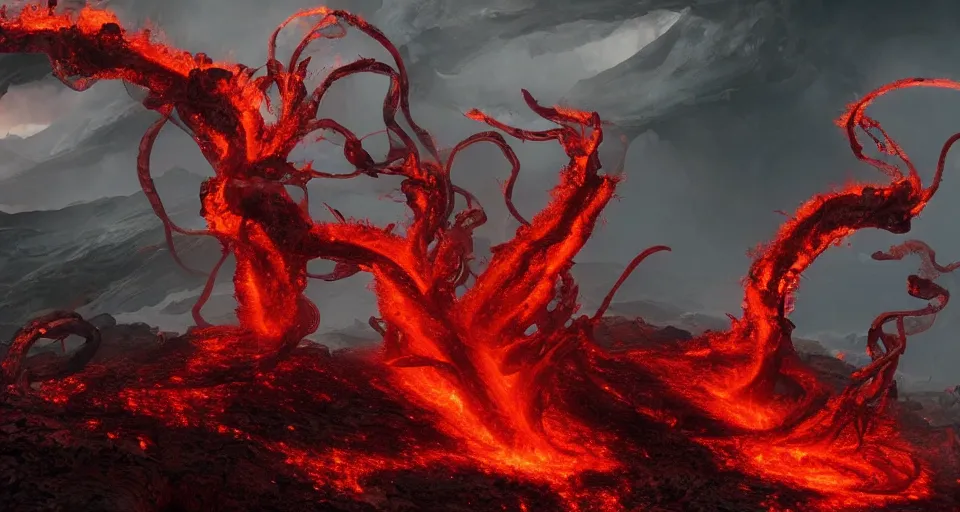 Image similar to a volcano made of ivory vines and crimson rocks enters in eruption, it spits a smoke in the shape of demonic eye, by Blizzard Concept Artists