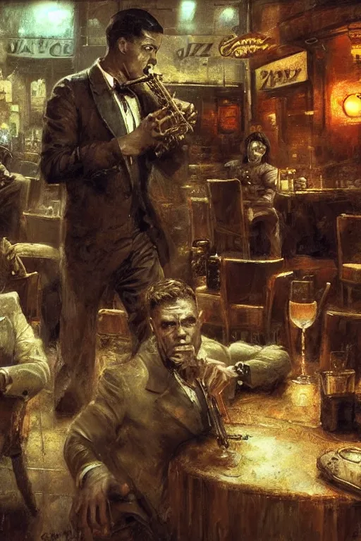 Image similar to An empty jazz cafe as a Mafia: Definitive Edition loading screen, upper body, highly detailed, intricate, sharp details, dystopian mood, 1950 scene by gaston bussiere, craig mullins, somber lighting, drawn by Giacomo Burattini, inspired by graphic novel cover art