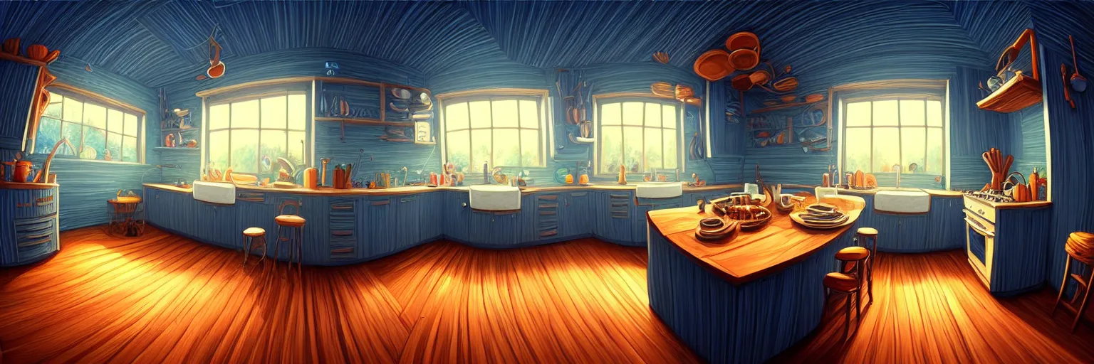 Prompt: fisheye spiral lines, naive, extra narrow, detailed illustration of a kitchen, large floor, dimly lit by rhads from lorax movie, trending artstation, wood texture dark blue tones