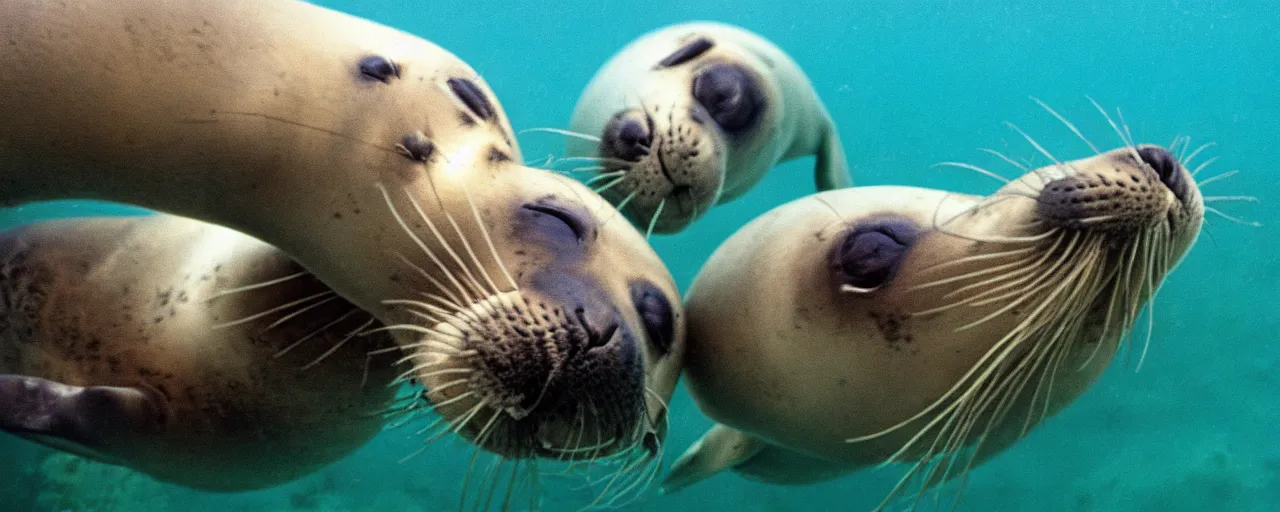 Prompt: seals eating spaghetti underwater in the ocean, canon 5 0 mm, in the style jacques cousteau, kodachrome