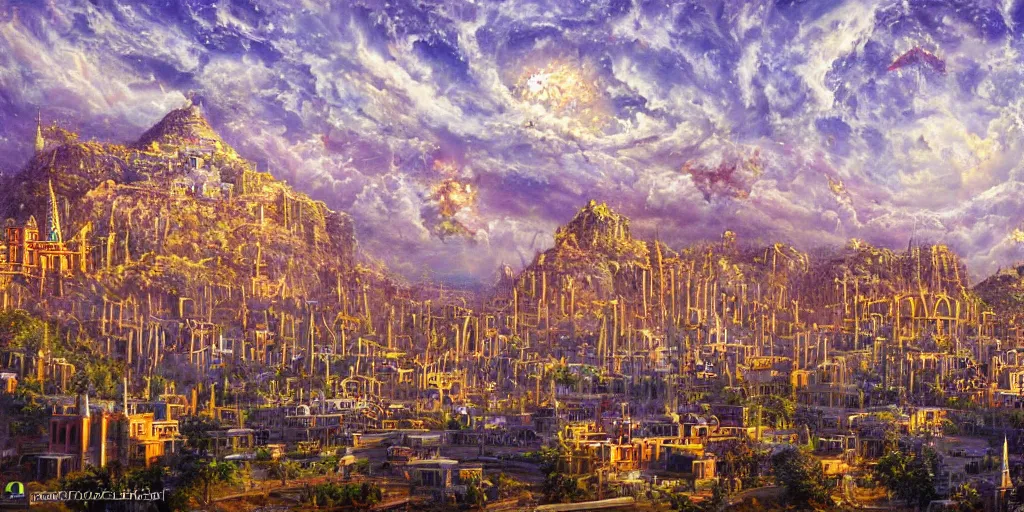 Prompt: fantasy oil painting, gleaming silver mega structure city, antep, argos, indore, kailasa, ellora, hybrid, looming, small buildings, warm lighting, street view, overlooking, epic, interstellar space port launching dock, distant mountains, bright clouds, luminous sky, cinematic lighting, michael cheval, david palladini, oil painting, natural tpose