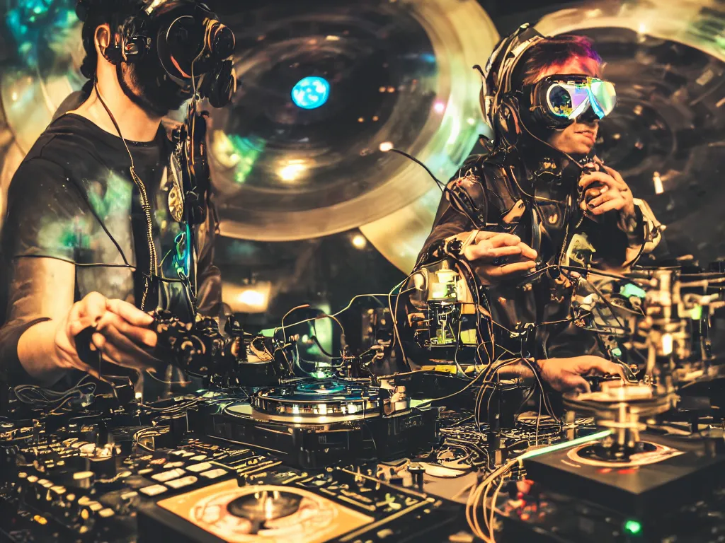 Image similar to a person wearing goggles and visor and headphones using a steampunk record player contraption, wires and tubes, turntablism dj scratching, intricate planetary gears, cinematic, imax, sharp focus, leds, bokeh, iridescent, black light, fog machine, hazy, lasers