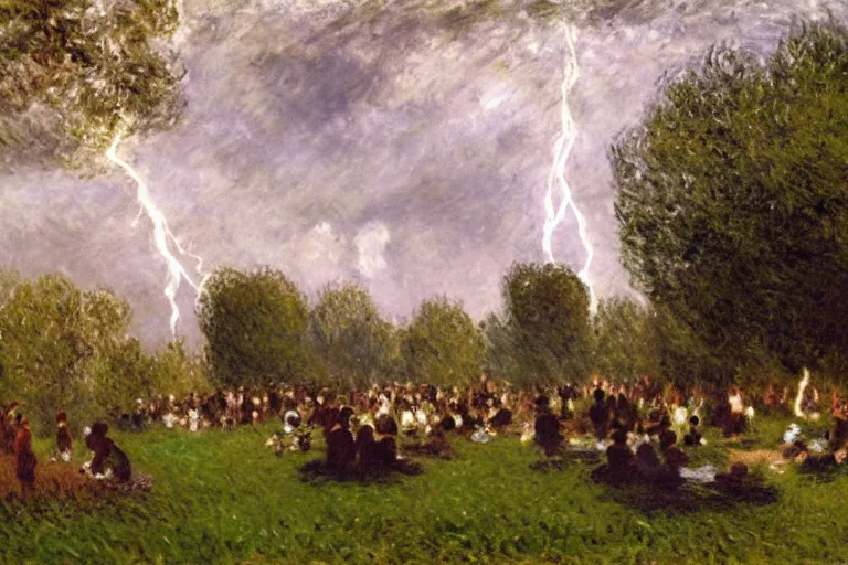 Image similar to a detailed illustration of a god ruining a picnic in the park, nightmare in the park, small crowd of people, calamity, dark storms with lightning, 8 k, art by claude monet and andreas rocha and albert bierstadt