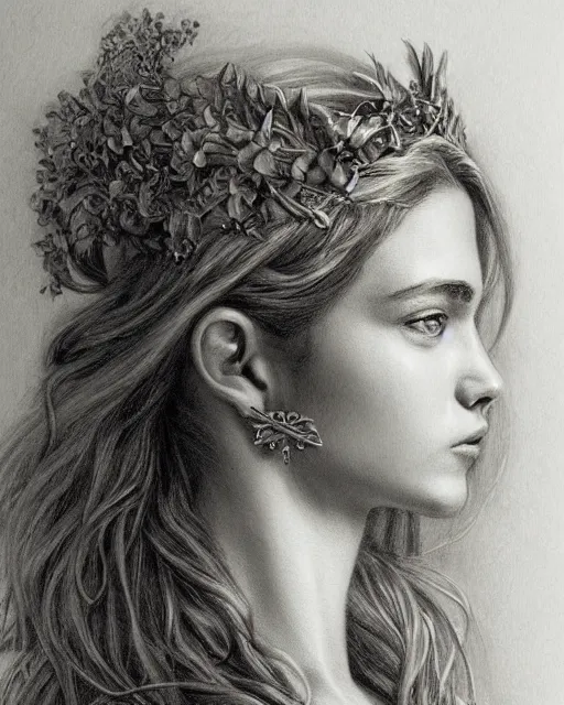 Image similar to pencil drawing of the beautiful greek goddess aphrodite wearing a laurel wreath with arrowhead earrings, piercing eyes, beautiful flowing hair, hyper realistic face, in the style of greg rutkowski, fantasy, amazing detail, epic, elegant, smooth, sharp focus