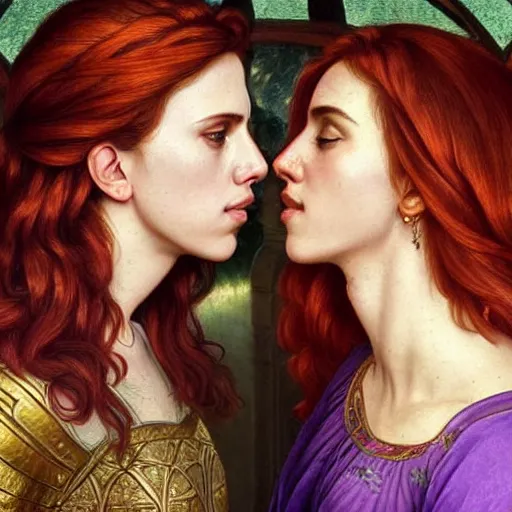 Image similar to a highly detailed byzantine painting of scarlett johansson and emma watson as red haired queens sharing a soft kiss under a waterfall in a gossamer purple dress, epic fantasy, viewed in profile from far away, ultrawide lens, art by artgerm and greg rutkowski and alphonse mucha, volumetric lighting, 4 k resolution, trending on artstation, masterpiece