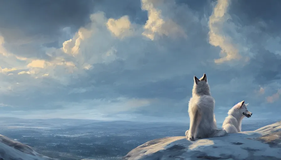 Image similar to back view of husky watching the sun sitting of the hill, clouds in the sky, hyperdetailed, artstation, cgsociety, 8 k