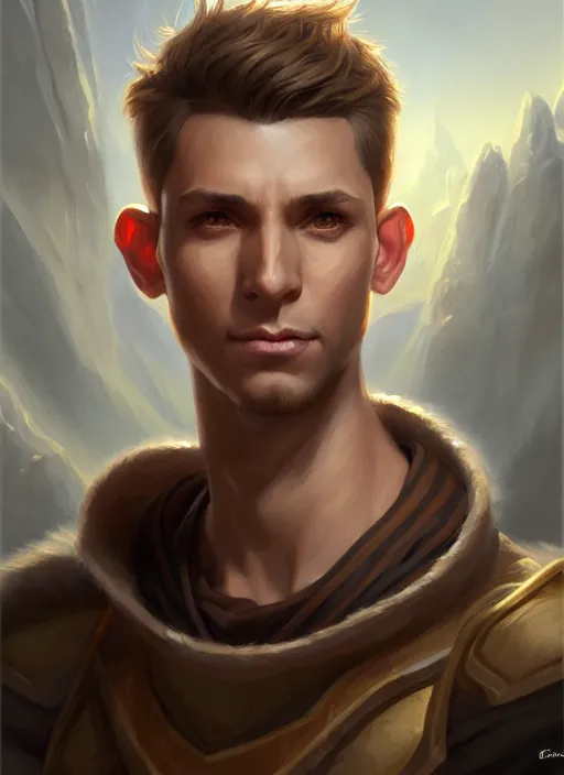 Image similar to a _ fantasy _ style _ portrait _ painting _ of light brown male short hair chiseled face big ears, rpg dnd oil _ painting _ unreal _ 5 _ daz. _ rpg _ portrait _ extremely _ detailed _ artgerm _ greg _ rutkowski _ greg