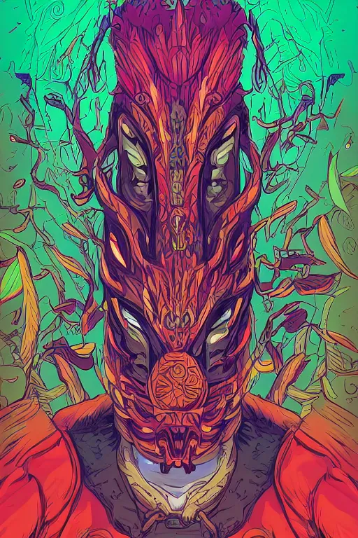 Image similar to totem animal mask tribal feather gemstone plant wood rock shaman vodoo video game vector illustration vivid multicolor borderlands comics by josan gonzales and dan mumford radiating a glowing aura