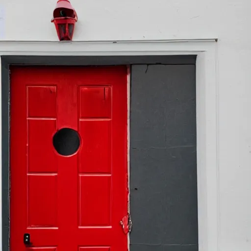 Image similar to a cat peaking behind the red door, professional photography