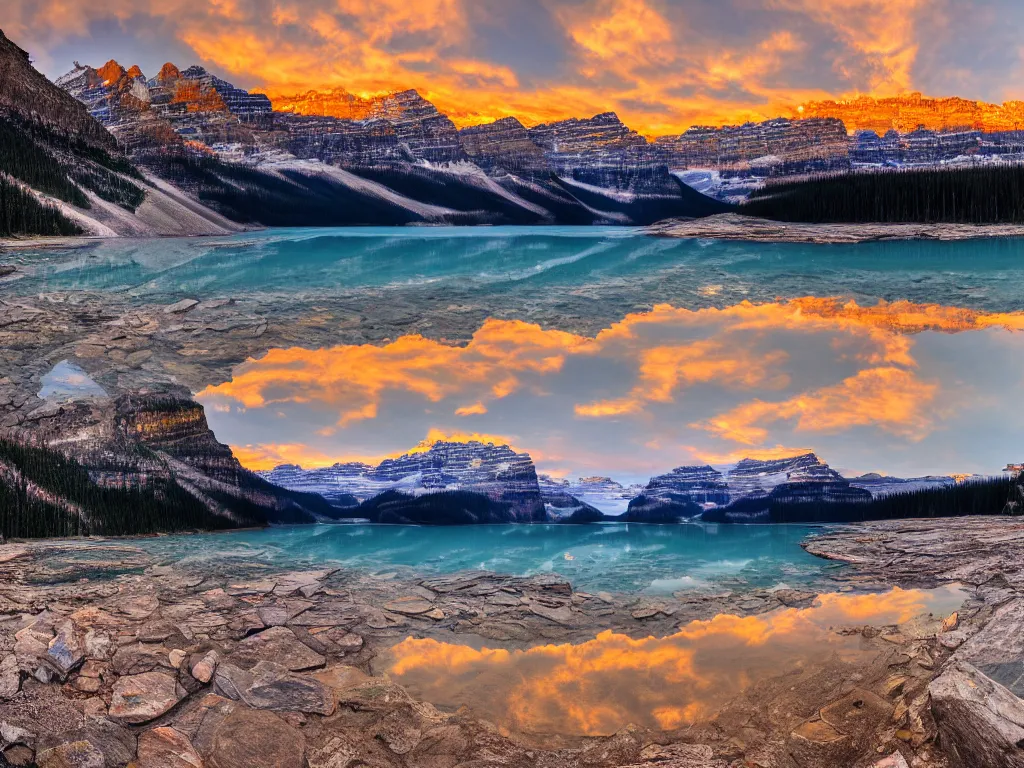 Prompt: lake louise panaroma at dawn detailed luminescent oil painting 4 k