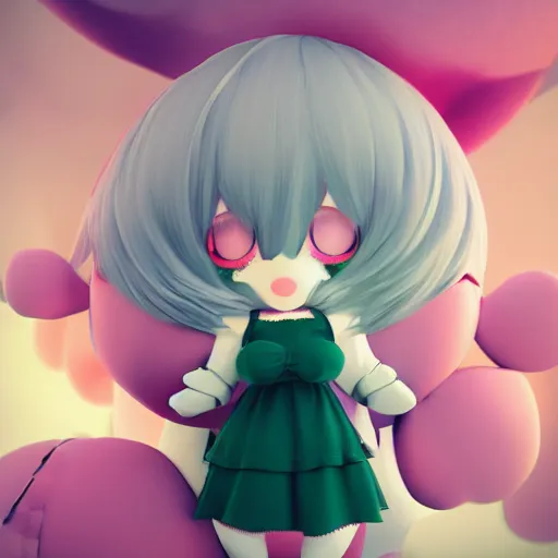 Image similar to cute fumo plush of a girl with a big heart, hair blocking eyes, twee velvet dressed monstergirl, blob anime, bokeh, vray