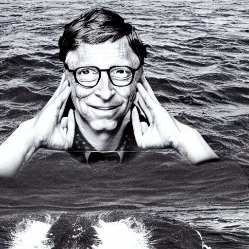 Image similar to a bill gates in the middle of the sea in the style of richard serra