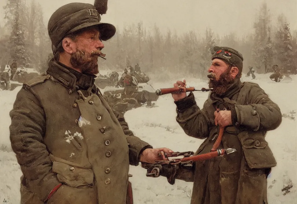 Image similar to A Soviet tankman with a short beard, wearing Sámi clothing, smoking a pipe, trending on ArtStation, 4k, oil painting by Jakub Rozalski and Alphonse Mucha