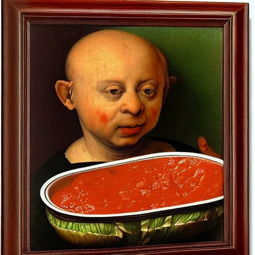 Image similar to a boy sitting in a tub full of tomato sauce, a lot of cabbage, by giuseppe arcimboldo and ambrosius benson, renaissance, portrait, fruit, intricate and intense oil paint, realistic