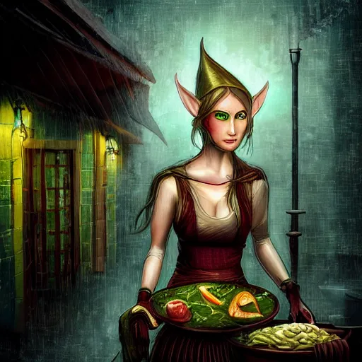 Image similar to historic fantasy, portrait of a determined elven woman, chef's clothing, raining, kitchen knife, city market, depth, digital art, dramatic lighting