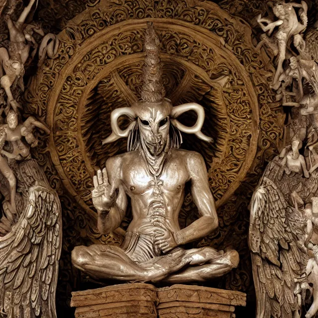 Image similar to temple made of flesh, baphomet statue at the center, angel statues, 8 0's horror movie film still, highly detailed, symmetry, award - winning photography, 1 2 0 mm