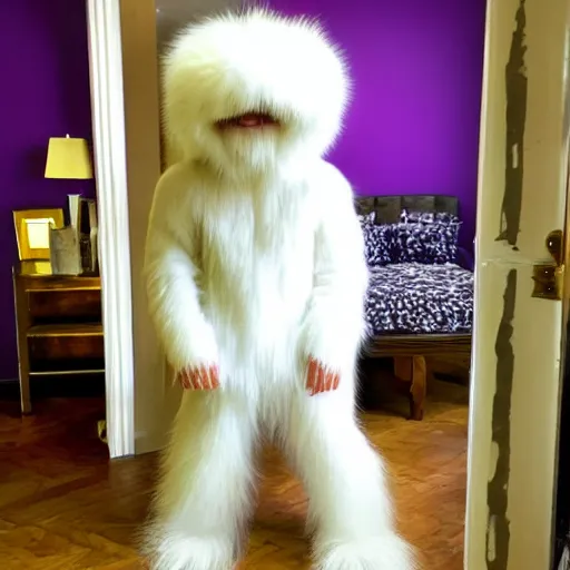 Prompt: a photo of a white fur monster standing in a purple room