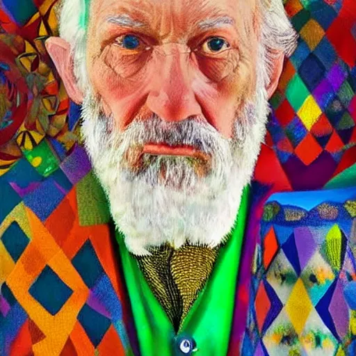 Image similar to portrait of a distinguished old man with formal cothing, kaleidoscopic shapes and colors in the background