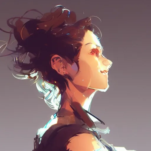 Image similar to a beautiful girl with short curly brown hair in a short ponytail, a pointy chin, happy, smiling , dramatic lighting, illustration by Rossdraws, yoji shinkawa, 4k, digital art, concept art, trending on artstation