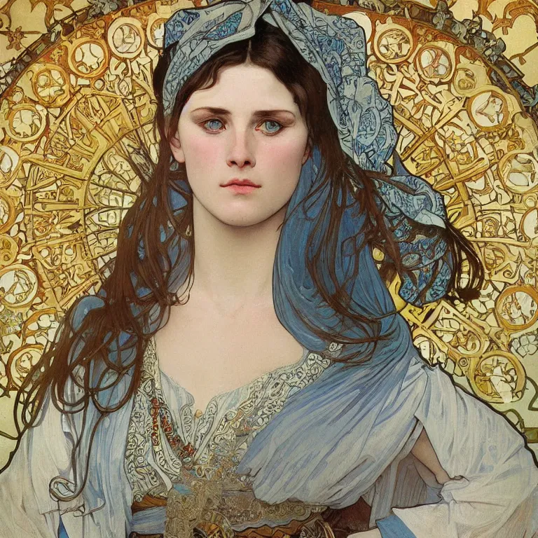 Image similar to Portrait close-up of a Slavic female cleric with kerchief covering her ears. Blue eyes, black hair, porcelain skin, full lips, high slanted cheekbones. Fantasy art by alphonse mucha, intricate, elegant, highly detailed, dramatic lighting, illustration, award winning on artstation, D&D, Dungeons and Dragons.