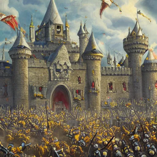 Prompt: painting of the minions storming a castle, highly detailed