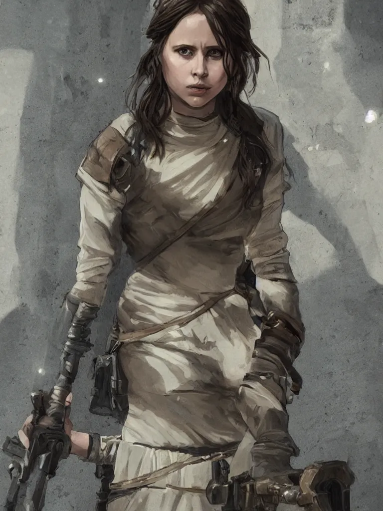 Image similar to portrait of jyn erso as a beautiful medieval goddess in a marble courtyard holding a pistol, decolletage, confident pose, coherent, insane detail, concept art, character concept, cinematic lighting, global illumination radiating a glowing aura