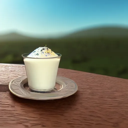 Prompt: Close up portrait of yogurt on a table, intricate detail, background is a solarpunk landscape, optimistic colors bright sky, digital art, 8k, optane render