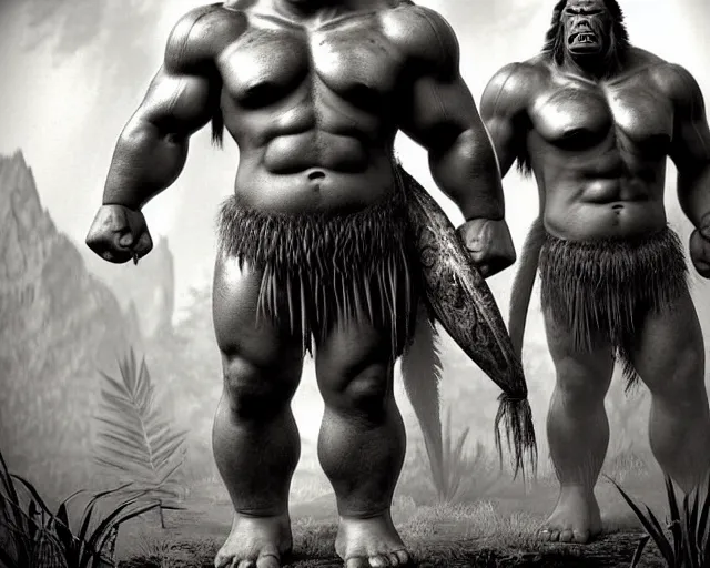 Image similar to hyper realistic group vintage photograph of a live action warcraft orc warrior tribe in the jungle, tall, hulk like physique, detailed faces, tribal paint, tribal armor, grain, old, monochrome, sepia toned, realistic lighting, wide angle