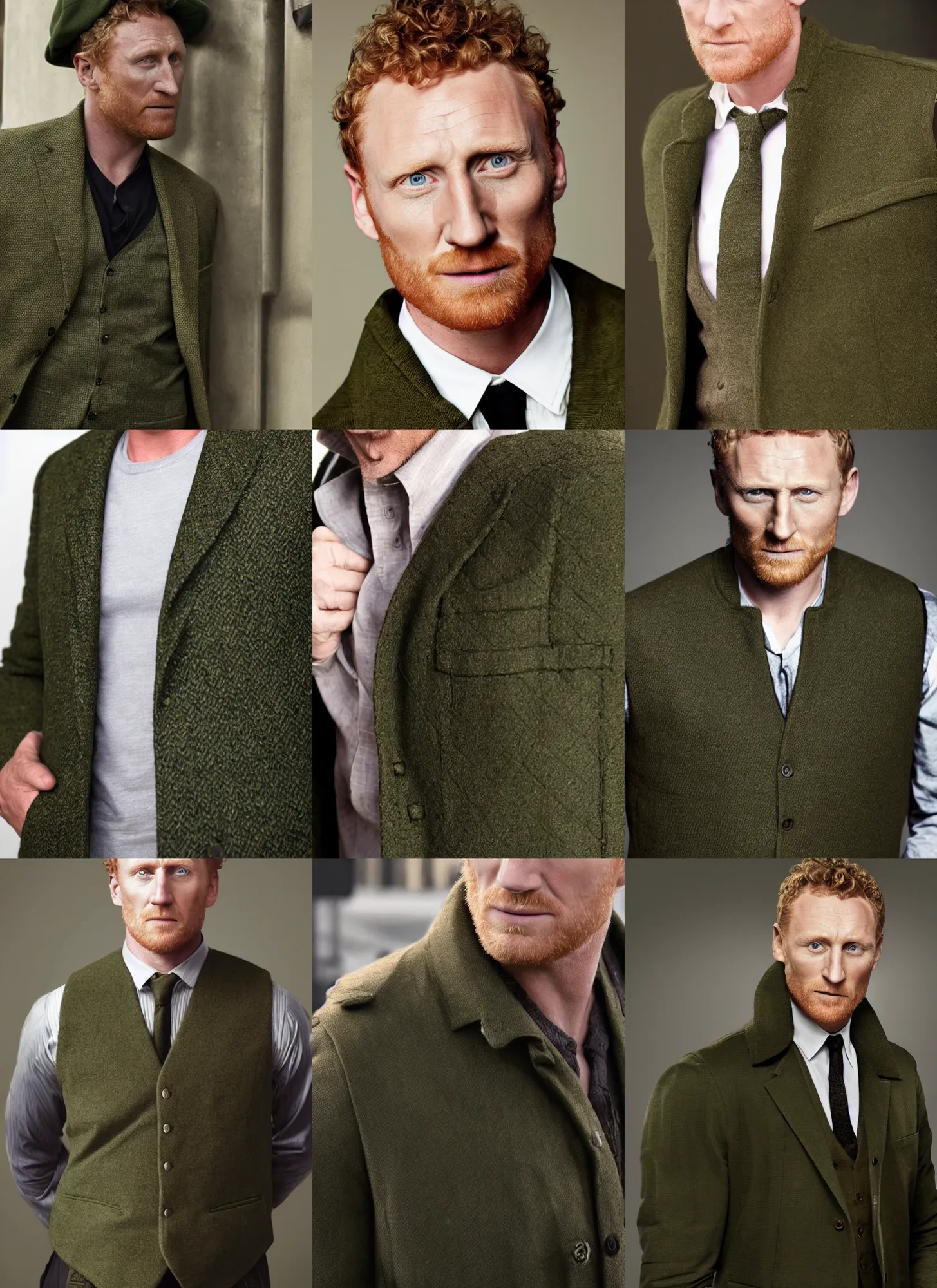 Prompt: portrait close - up kevin mckidd, olive green flat cap and gilet suit, dark, intricate, gta v cover