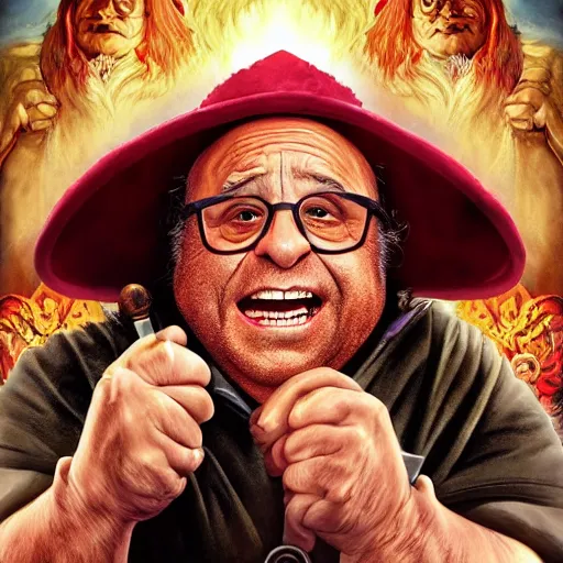 Image similar to Danny DeVito as angry wizard in adventure movie, highly detailed, sharp focus, digital painting, artwork by Victor Adame Minguez + Yuumei + Tom Lovell + Sandro Botticelli