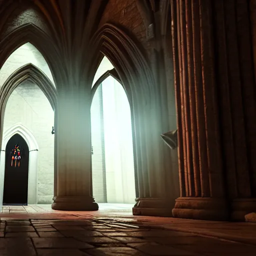 Prompt: a wizard standing in front of a portal opening up inside a cathedral. fantasy. octane render. unreal engine 5.