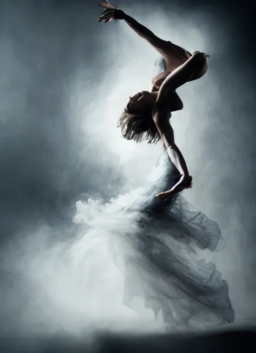 Image similar to a photorealistic dramatic hyperrealistic render of a glamorous beautiful female smoke dancer by ken brower and deborah ory of nyc dance project, lois greenfield, flowing cloth and smoke, beautiful dynamic dramatic dark moody lighting, volumetric, shadows, cinematic atmosphere, octane render, 8 k