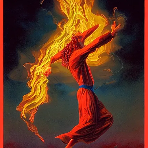 Image similar to fire in the shape of a person dancing, the whispy smoke, fantasy, dnd, illustrated by michael whelan