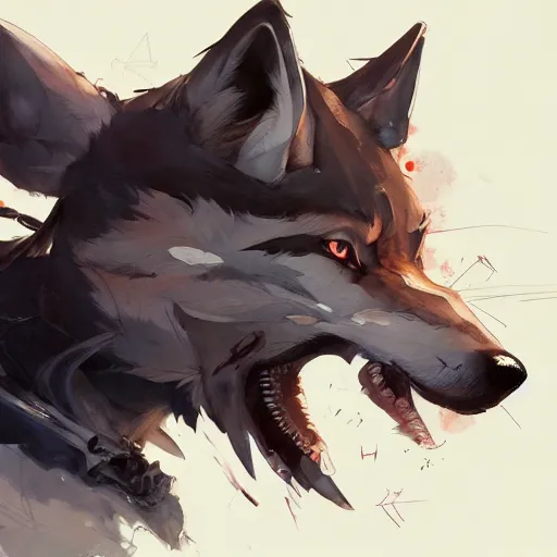 Image similar to concept art of anthropomorphized wolf, highly detailed painting by dustin nguyen, akihiko yoshida, greg tocchini, 4 k, trending on artstation, 8 k