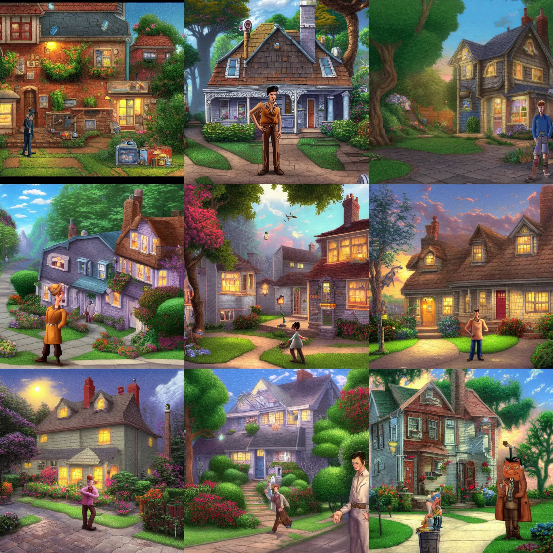 Prompt: main player character standing outside a house, facing sidewards, from a lucasarts point and click 2 d graphic adventure game, art inspired by thomas kinkade