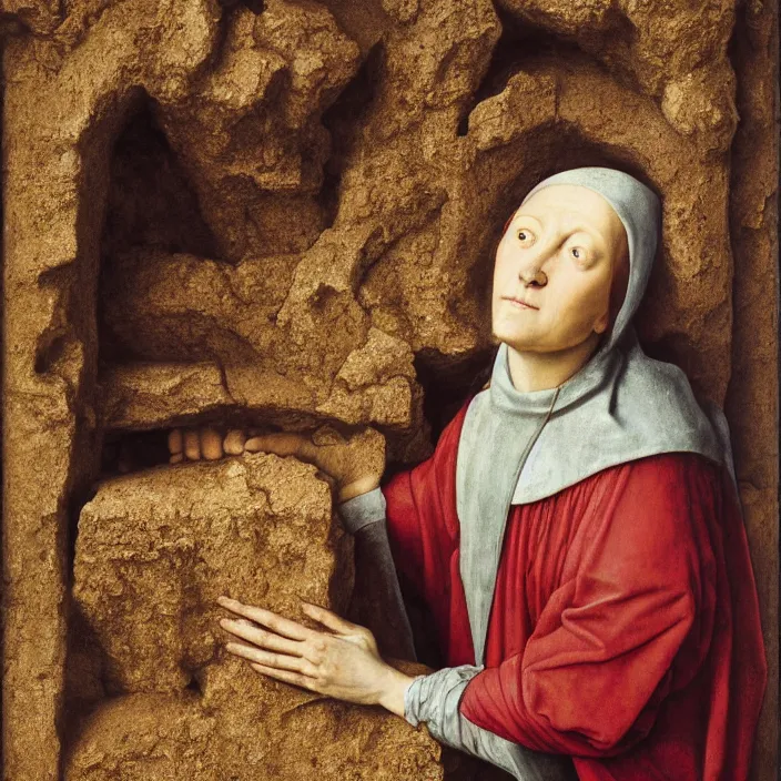 Prompt: a woman trapped in stone, by Jan van Eyck