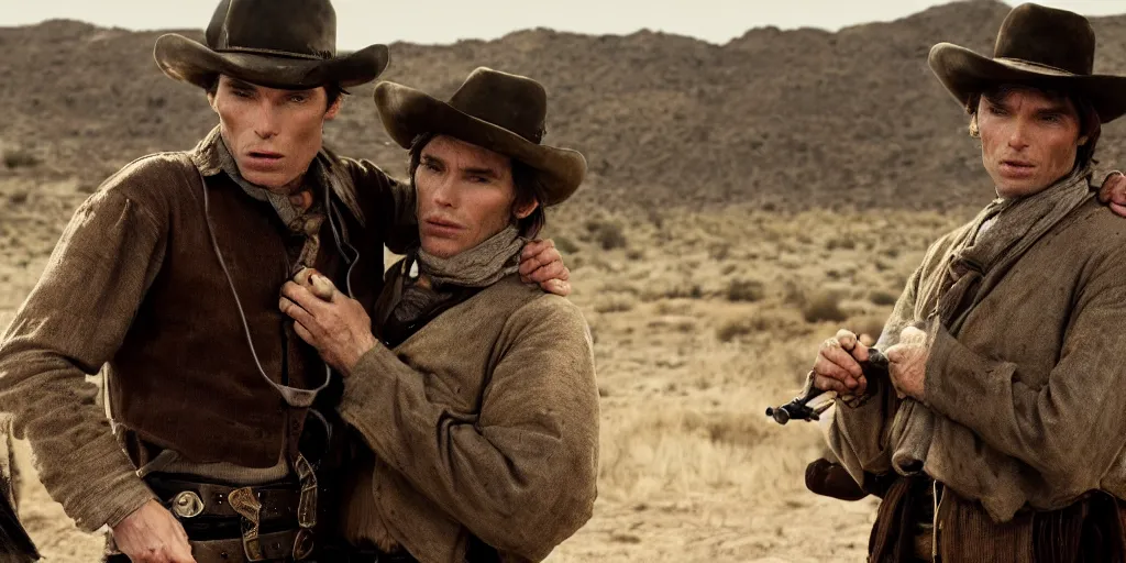 Prompt: rugged bandit cillian murphy in the old west, choking a cowboy, volumetric lighting, cinematic, dark, grim. directed by coen brothers.