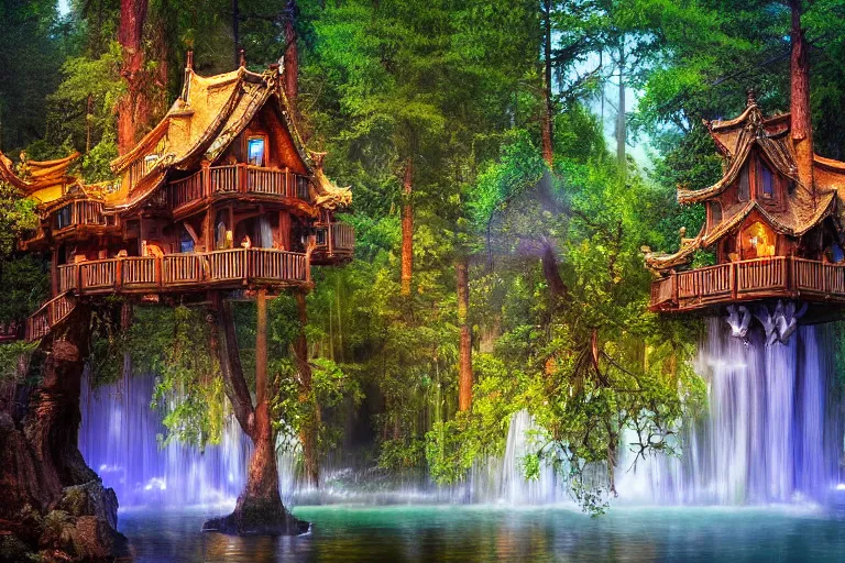 Image similar to treehouses from gaudi in a deep mystical forest, floating chinese lampoons, lake, waterfall, dynamic lighting, blockhaus architecture, night mood