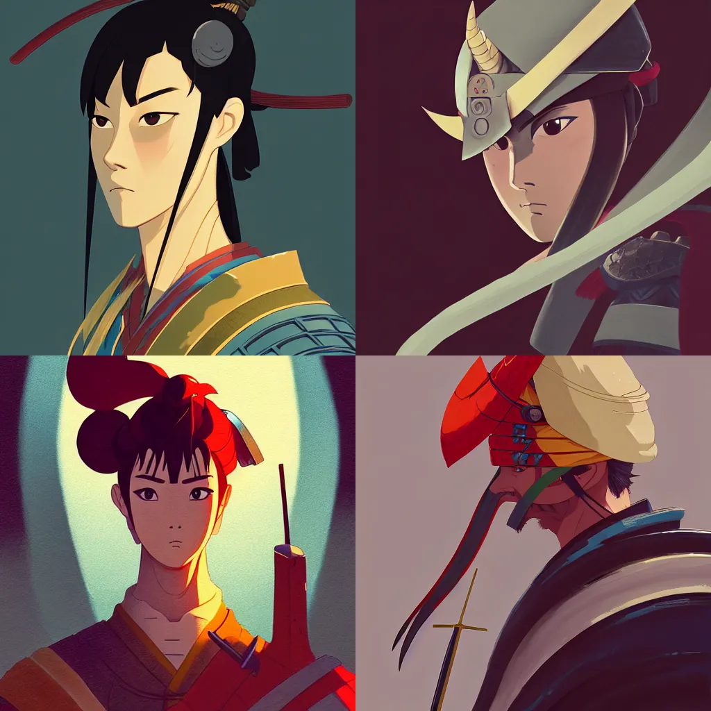 Prompt: portrait of amurai warrior, artstation, cartoon, elegant, highly detailed, digital painting, concept art, smooth, sharp focus, illustration, art by studio ghibli, makoto shinkai, don bluth, fujita goro, jean giraud, atey ghailan, akihiko yoshida, tom whalen, anton fadeev 8 k