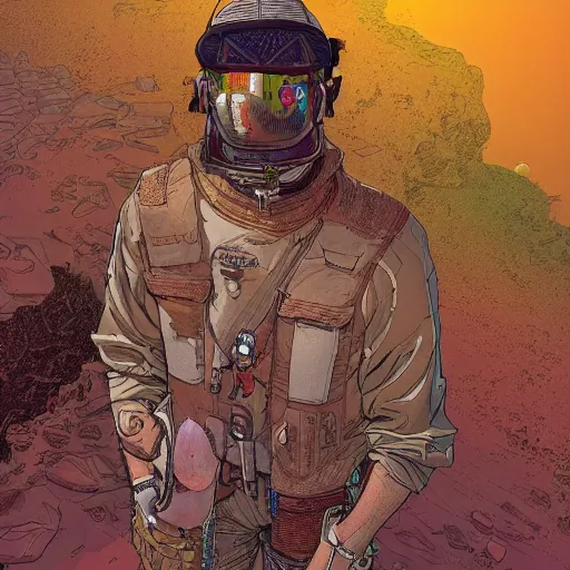 Prompt: a high quality portrait photo of a solar punk explorer, by moebius and geof darrow, photorealistic, 8 k, artstation
