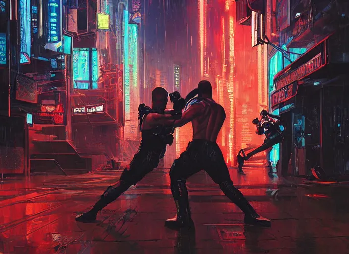 Prompt: cyberpunk kickboxing match ( blade runner 2 0 4 9, dystopian, cyberpunk 2 0 7 7 character design ). portrait by james gurney and laurie greasley, oil on canvas. cinematic, hyper realism, realistic proportions, dramatic lighting, high detail 4 k